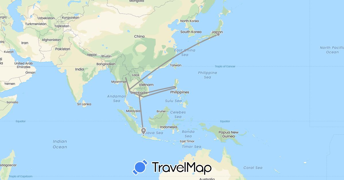 TravelMap itinerary: driving, plane in Indonesia, Japan, Cambodia, Philippines, Thailand, Vietnam (Asia)